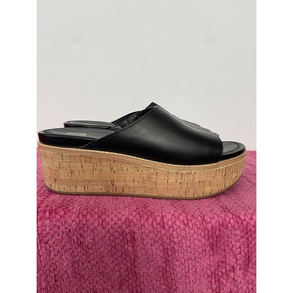 FitFlop Eloise Leather Wedge Cork Wrapped Platform Sandals Black Size 9